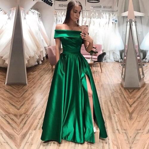 Junoesque Boat Neck Soft Satin Side Split Prom Dresses With Floor Length A-Line Evening Dress With Party Dress Cheap Wholesale