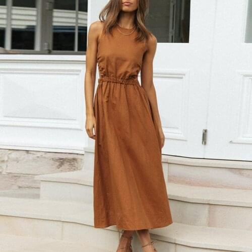 2021 New Sexy Spaghetti Strap Dress Summer Fashion Backless Solid Maxi Dress Vintage Elegant Woman Banquet Dress Princess Dress