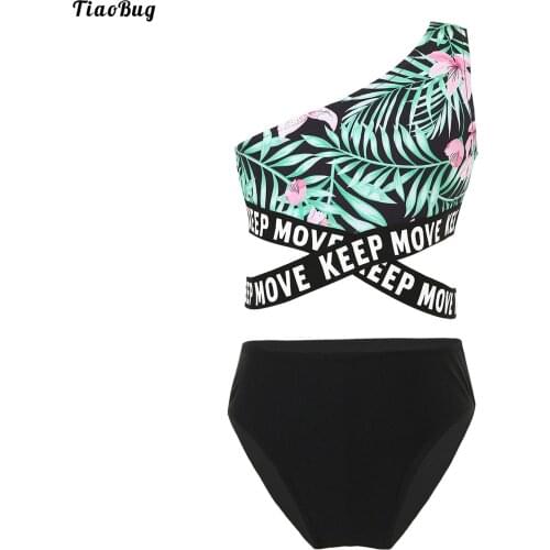 TiaoBug 2Pcs Kids Girls Asymmetric Single Shoulder Strap Print Crop Top And Briefs Set Beach Pool Swimming Bathing Suit Swimwear