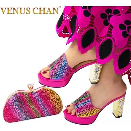 2021 Sweet Style Comfortable Heels in 9.5cm with Platform Decorate with Rhinestong in fuchsia Color for Wedding