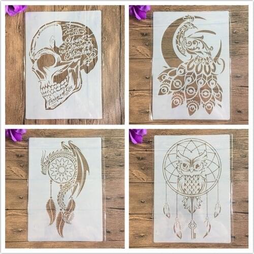 4pcs/set A4 skull Flying dragon Mandala Stencils Painting Coloring Embossing Scrapbook Album Decorative Template cake stencil