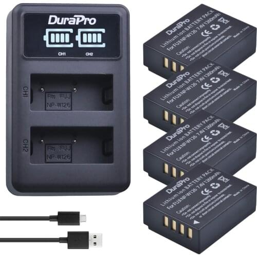 Durapro 4pc NP-W126 NP W126 Camera Battery + LED USB Charger For Fujifilm HS50 HS35 HS33 HS30EXR XA1 XE1 X-Pro1 XM1 X-T10 Camera