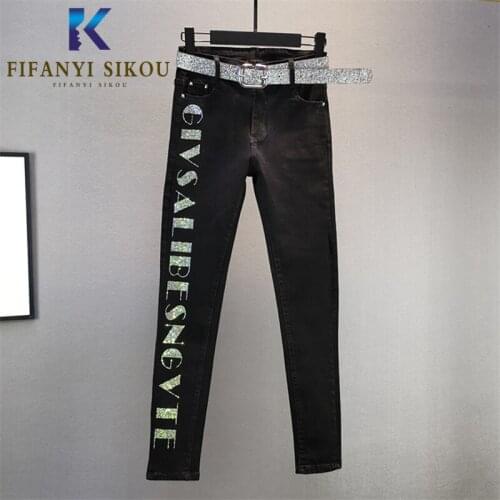 High Waist Jeans Women Fashion Beading Letter Black Washed Jeans Plus size High Stretch Jeans Female Slim Denim Pencil Pants