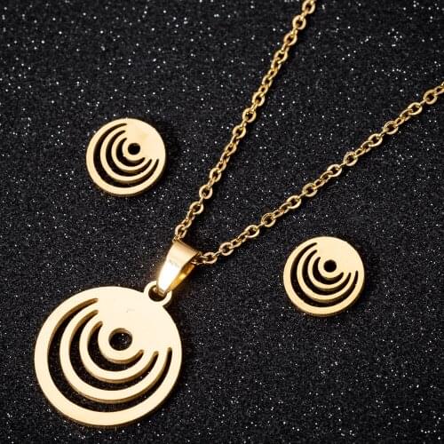 Punk Numerous Circle Small Gold Color Jewelry Set Stainless Steel Gothic Round Pendant Necklace Stud Earrings for Women