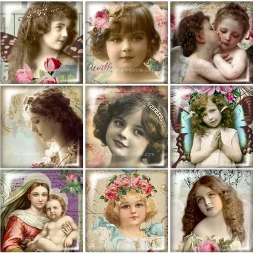 Beauty Vintage angel Baby Square glass cabochon 10pcs 12mm/20mm/25mm/30mm Size flat back DIY Jewelry Findings Components FB0128