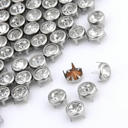 Useful 100 x 7 mm Metal Rhinestone Studded Silver Studs Round Studs Crystal Rivets