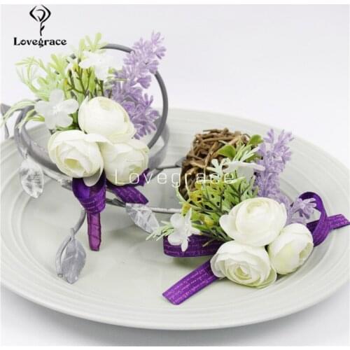 Lovegrace Boutonniere Bride Wedding Corsage Artificial Silk Rose Flower Men Boutonniere Girl Wrist Corsage White Purple Flowers