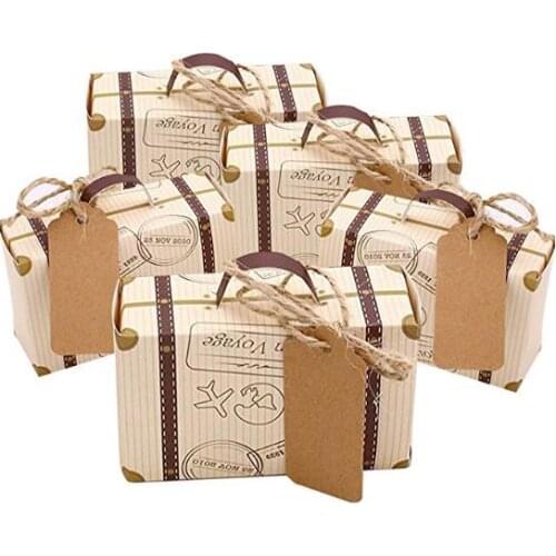 Mini Suitcase Favor Box Gift Bag Vintage Kraft Paper with Tags Burlap Twine for Wedding Travel Themed Party Bridal Shower Decor