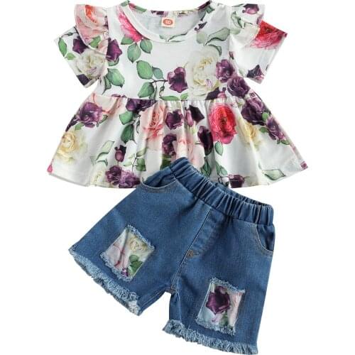 Fashion Kids Girls Summer Clothes Flower Print Flying Sleeve Dress Tops and Denim Shorts Suit for Vacation Party 2-7Years