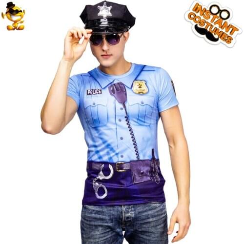 Carnival Party Men Police Officer T-shirt Costume Performance Career Printing 3 D Police Short Sleeve T-shirt Costume