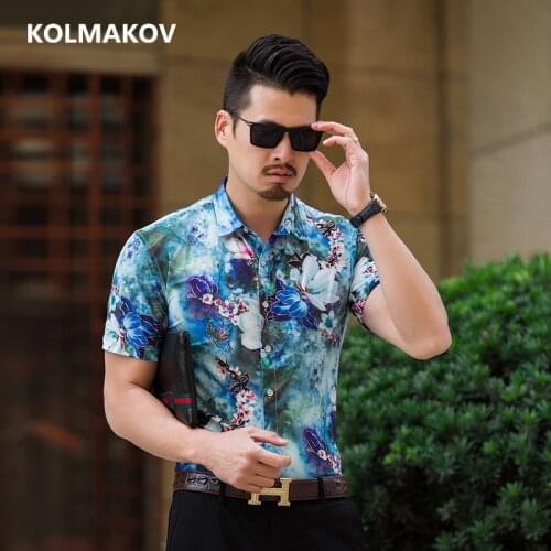 2019 Summer Short Sleeve Shirt For Men Slim Fit High Elasticity Casual Shirts Floral Printing Shirt Masculino Homme Dress 7XL