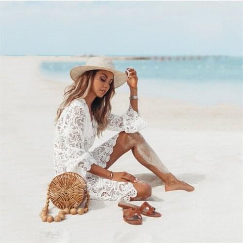 Women Floral Lace Beach Cover up Elegant long Sleeve Mesh Transparent Beachwear Playa Dress Ladies tunic kaftan Bikini Cover up
