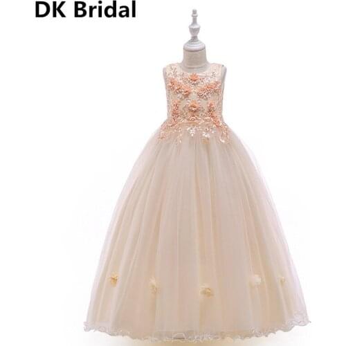 New First Communion Dresses For Girls Champagne O-neck Sleeveless Ball Gown Pearls Appliques Flower Girl Dresses For Weddings