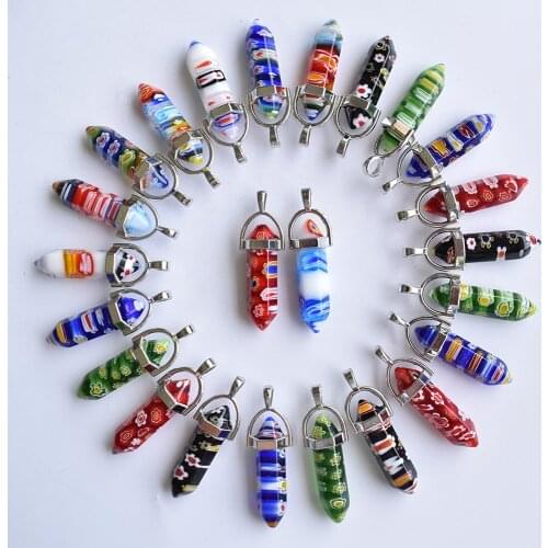 Wholesale 24pcs/lot Colored glass flower Hexagonal Column beads Necklace Pendants for women Fashion Jewelry Free shipping