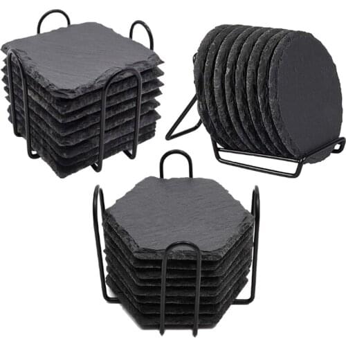 1 Set 8 PCS Hexagon Round and Square 3 Styles Slate Coasters to Choose Shale Coasters Set with Rack for Home Kitchen Use