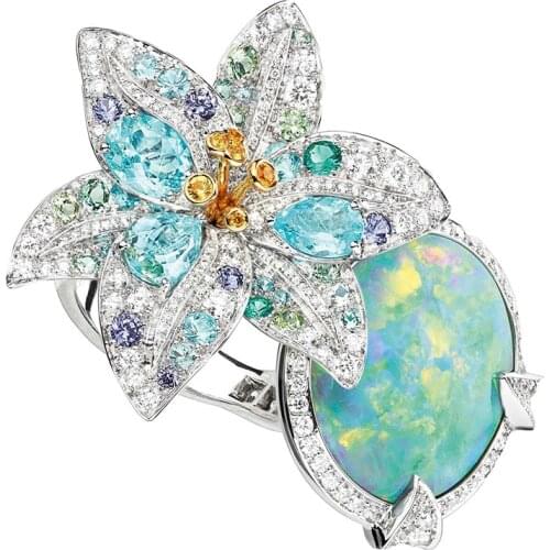 Popular Ladies Fashion Colorful Flower Opal White Zirconia Crystal Female Alloy Ring for Women Party Jewelry Accessories