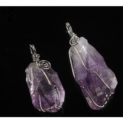 YJXP Silver Plated Amethysts Irregular Shaped Rock Stone Wire Wrapped Reiki Healing Spiritual Pendant Women Charm Jewelry