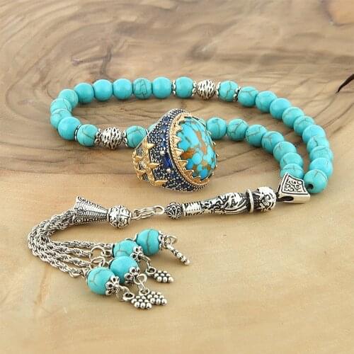 Natural Turquoise Male Set 925 Sterling Silver Prayer Beads Ring Jewelry