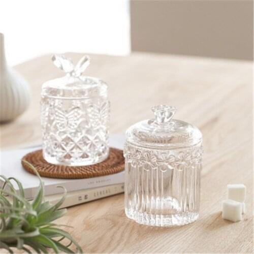 French Glass Embossed Sugar Bowl Cotton Swab Storage Candy Jar Crystal Jewelry Light Luxury Storage Glass Storage Jar
