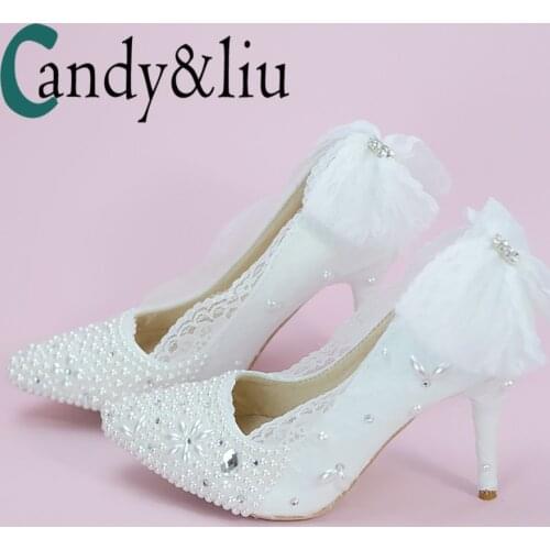 White Pearl Wedding Shoes Lace Flower Silver CrystalsHigh Heel Pumps Pointed Toe Handmade for Bride Bridesmaid Party Banquet