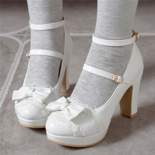 White Lolita Shoes Pink Platform High Heels Bow Pumps Plus Size Block Heel Ankle Strap Cute Kawaii Shoes Cosplay Size 9 10 42 43