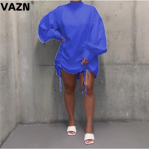 VAZN 2020 Autumn Hot Bandage Top Energy Sweet Regular Simple Young Solid Turtleneck Full Sleeve Women Nature Loose Mini Dress