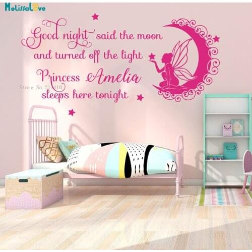 Custom Name Good Night Princess Sleep Here Wall Decal Girl Room Kids Room Family Love Moon Fairy Tail Wall Sticker Vinyl YT3363