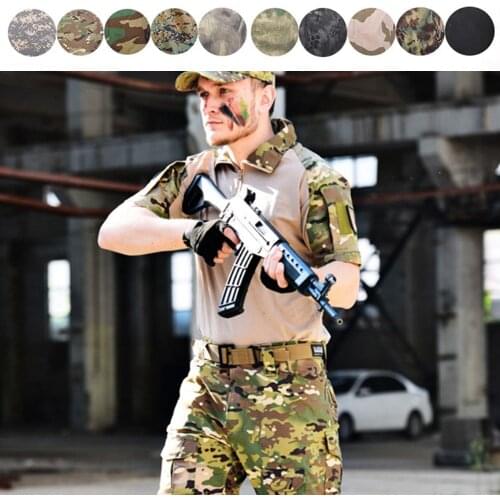 Military Tactical Uniform Camouflage Hunting Short Sleeve Combat T Shirt + Cargo Pants with Knee Pads Army Uniform