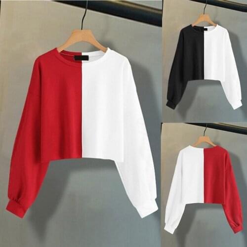 Women O-Neck Stitching Color Long Sleeve Sweatshirt Girls High Street Fashion Hip Hop Blouse Tops