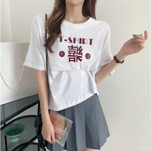 Woman Tshirts White Round Neck Letter Printed Short-sleeved T-shirt Womens Summer New Korean Style Loose and Thin Top
