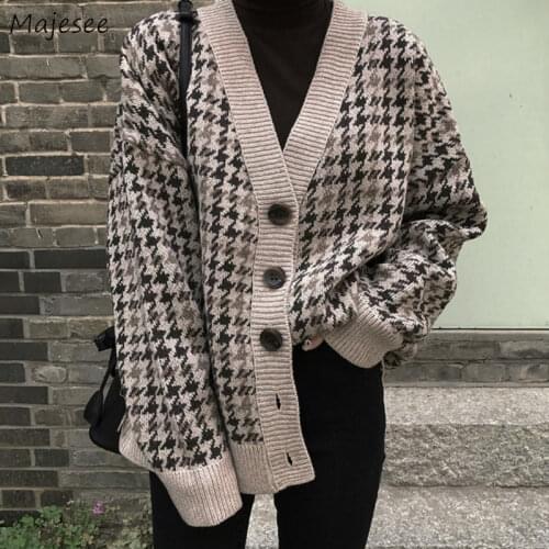 Sweater Cardigan Womens Knitted V-neck Printed Retro Loose All-match Warm Leisure Korean Style Simple Oversize Harajuku New Chic