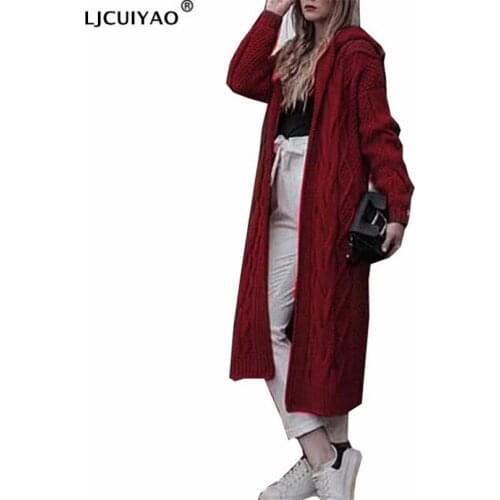 LJCUIYAO Winter Women Knitted Sweater Warm Cardigan Ladies Hooded Streetwear Long Sleeve Oversize Loose Long V-Neck Clothing
