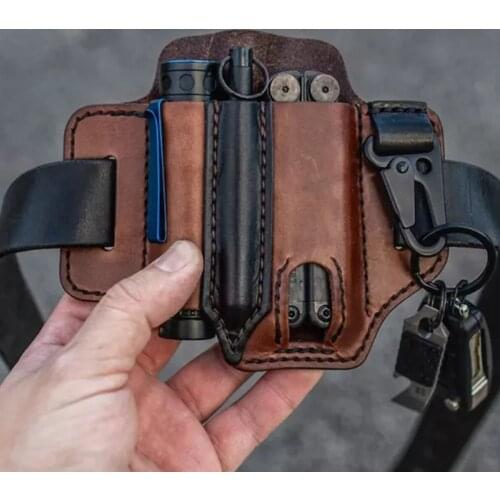 2021 Men Multitool Leather Sheath Organizer Belt Waist Bag Outdoor Storage Tool Flashlight Knife Pocket For Woman Female