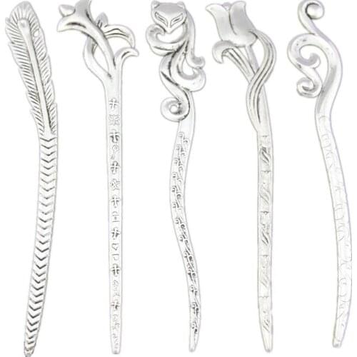 5pcs /Lot Vintage Silver Color Plated Feather Fox Tulip Carved Design Hair Sticks Hairpin FreePost QQH3
