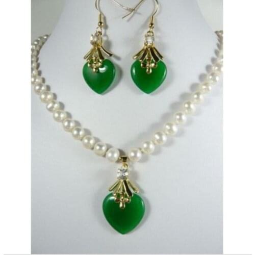 Free Shipping 2 colors! 7-8mm white pearl necklace 17"& green jade heart jades earring pendant