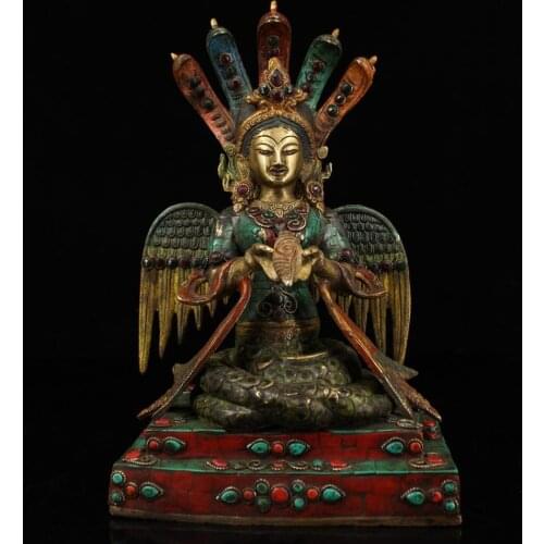 12" Nepal Temple Buddhism bronze Inlay gem painted gold 5-Heads Snake Naga Kanya Nāgārjuna bodhisattva Dragon Tree Bodhisattva