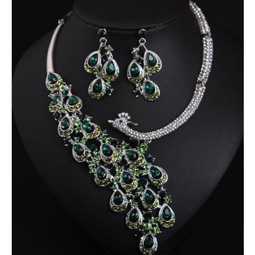 Indian Luxury Green Gem Crystal Jewelry Set Peacock Bib Choker Necklace Earrings Women Bridal Wedding Party Statement Gift