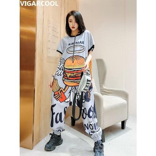 Tide brand summer large size personality cartoon printed rhinestone jumpsuit loose was thin short sleeve jumpsuit Harlan pants