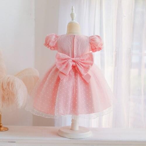 FOCUSNORM 0-4Y Summer Princess Kids Girls Dress Lace Puff Sleeve Back Zipper Big Bowknot Tutu Dress 4 Colors