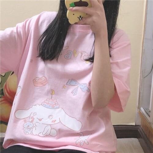 Summer Japanese Harajuku Soft girl Cute cartoon Cinnamon Dog Print Loose Short-sleeved T-shirt Women Casual Student T-Shirts Top