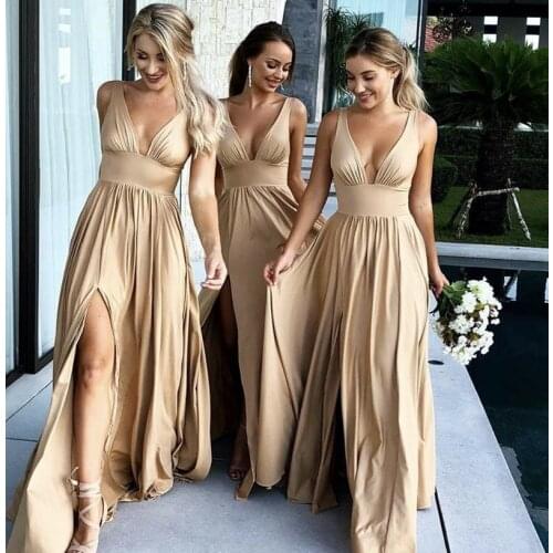 Hot V-Neck Sleeveless A-Line Elastic Satin Pleated Court Train Mermaid Bridesmaid Gowns Sexy Bridesmaid Dresses Fast Shipping