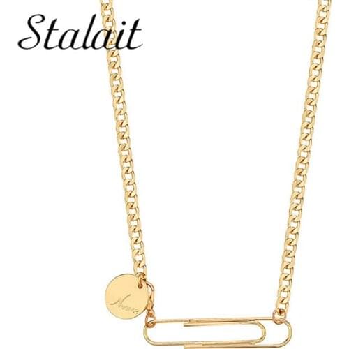 Fashion Long Gold Necklace for Women Round Letter Copper Pendant Paper Clip Necklace Female Cold Light