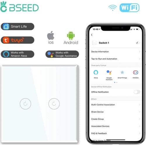 BSEED WIFI Wall Switches Smart Touch Light Switches Glass LED Switches Glass Google Alexa App Sensor Switches With Neutral Wire
