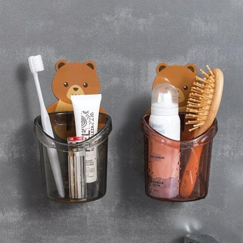 Bear Wall Mounted Toothbrush Holder Cup Punch Free Storage Rack Bathroom Supplies Organizer Bathroom Accessories