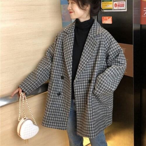Hstar New Vintage Plus Size Womens 2021 Autumn Winter Blazer Suits Korean Loose Thick Plaid Suit Mid-length Woolen Coat Jacket