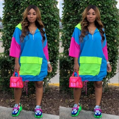 Casual Women Dress Neon Green Loose Hoodies Bodycon Dress Ladies Three Quarter Sleeve Big Pocket Hip Dresses Streetwear
