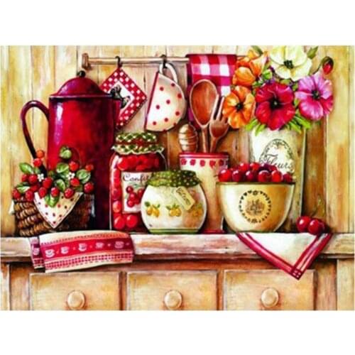 Kitchen with Tableware Cherry Diy Gift Diamond Painting Diamond Embroidery Kit Needlework for Kitchen Deco