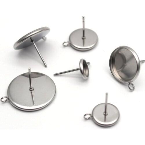 10 Pcs/Lot 6 8 10 12 14 16mm Stainless Steel Blank Stud Earring Bezel Setting with Loop For Jewelry Making DIY Findings