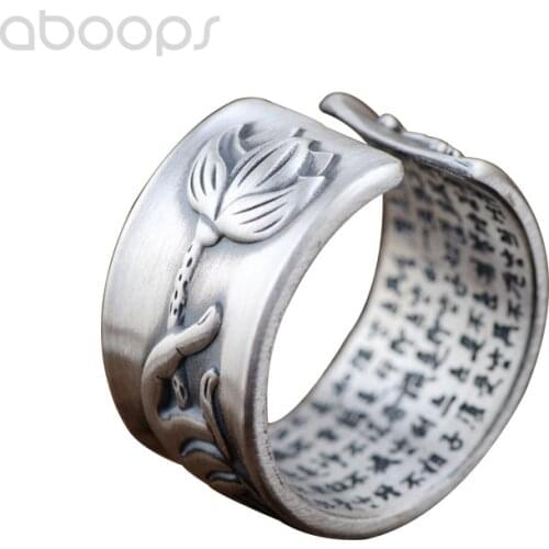 Vintage 990 Sterling Silver Buddha Hand with Lotus Flower Ring-Engraved Heart Sutra Inside-for Lovers,12 mm,Adjustable Size 8-10