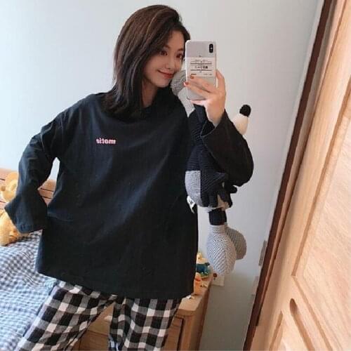 Womens Home Clothes Cotton Homewear Suit Lounge Wear Long Sleeved Trousers Plaid Pants Ladies Pajamas Simple Style Pijama Mujer